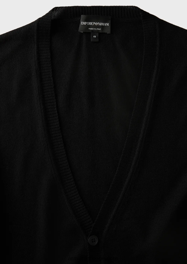 άνδρες Armani Ζακέτα με λαιμόκοψη, παρθένα μάλλινη, απλή πλεκτή 4046R61280 μαύρος
