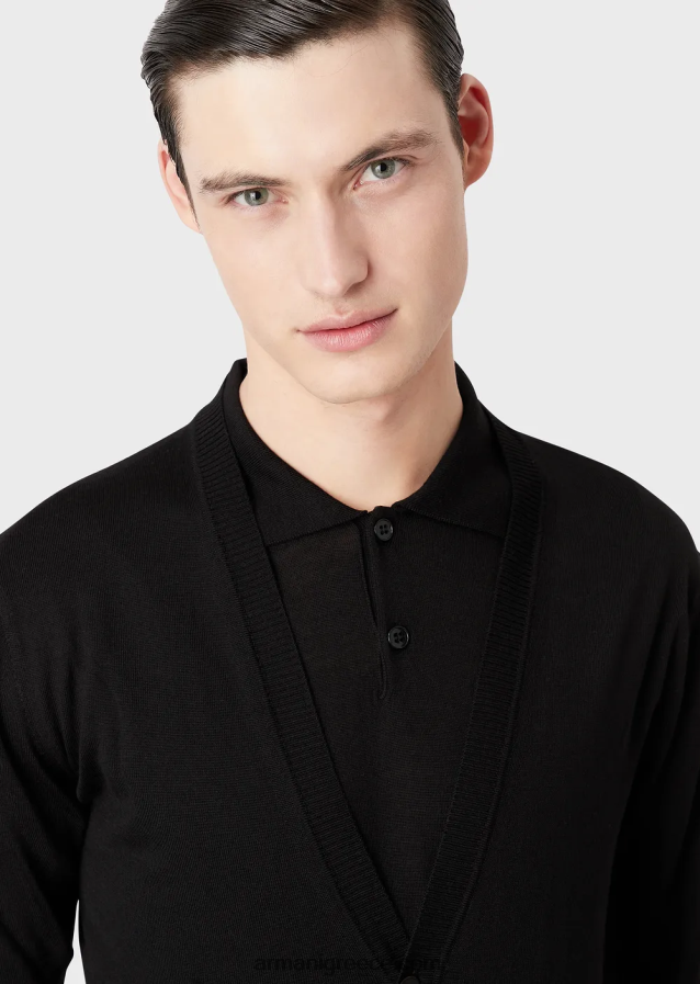 άνδρες Armani Ζακέτα με λαιμόκοψη, παρθένα μάλλινη, απλή πλεκτή 4046R61280 μαύρος
