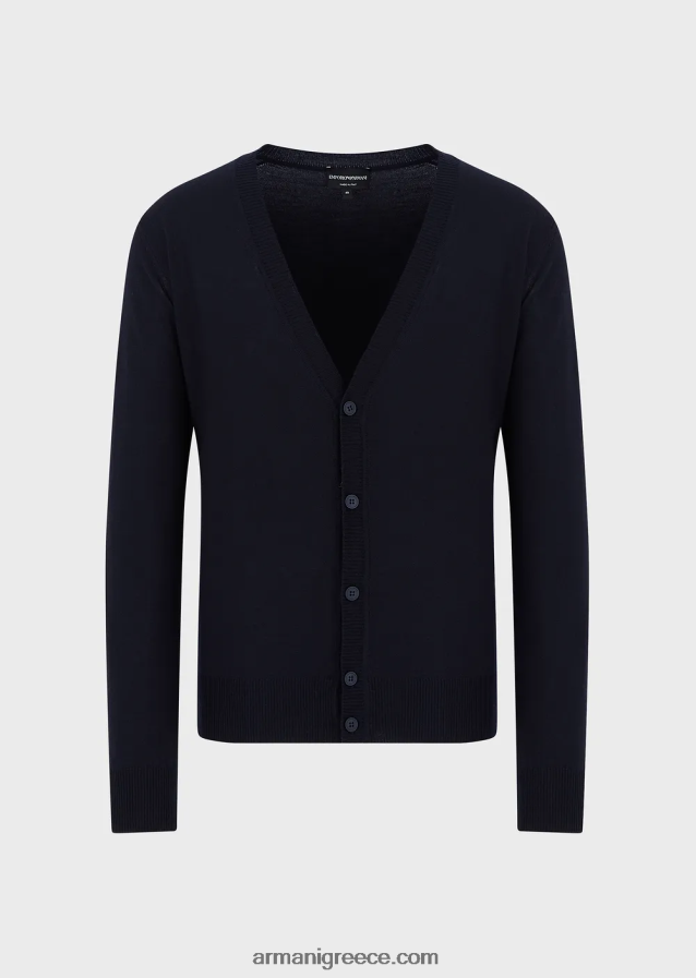 άνδρες Armani Ζακέτα με λαιμόκοψη, παρθένα μάλλινη, απλή πλεκτή 4046R61281 ναυτικό μπλε