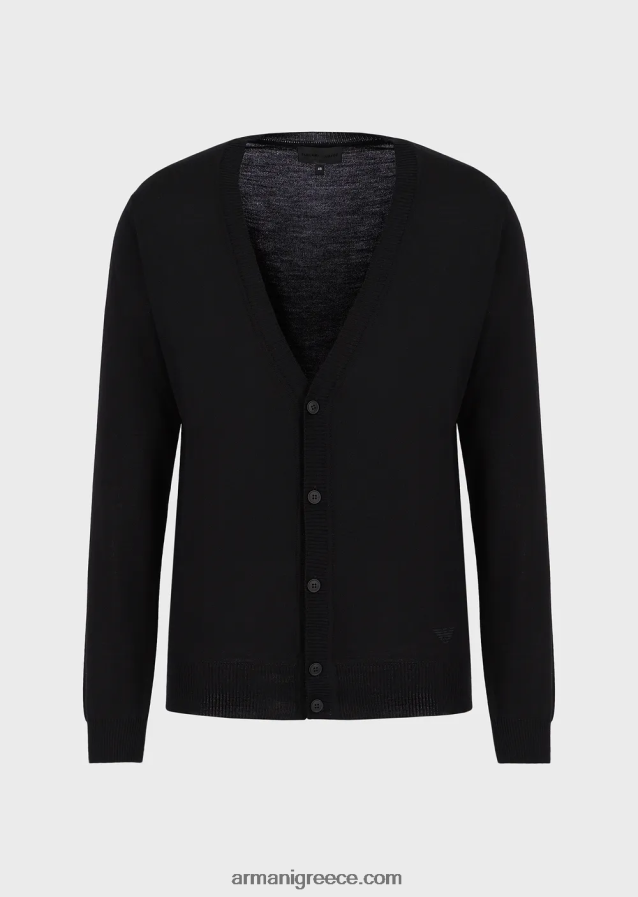 άνδρες Armani Ζακέτα με λαιμόκοψη, παρθένα μάλλινη, απλή πλεκτή 4046R61281 ναυτικό μπλε