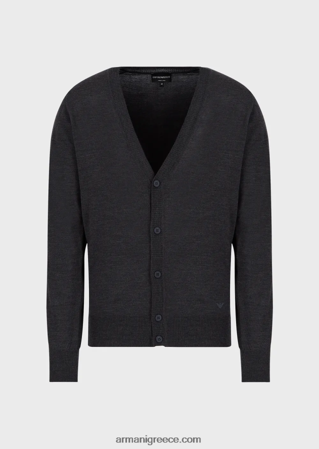άνδρες Armani Ζακέτα με λαιμόκοψη, παρθένα μάλλινη, απλή πλεκτή 4046R61282 σκούρο γκρίζο