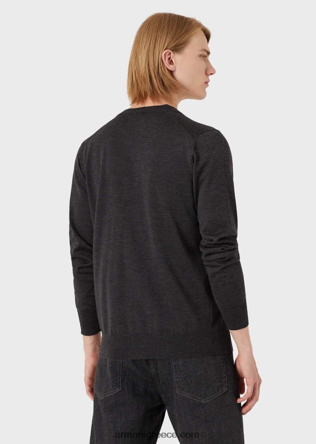 άνδρες Armani Ζακέτα με λαιμόκοψη, παρθένα μάλλινη, απλή πλεκτή 4046R61282 σκούρο γκρίζο