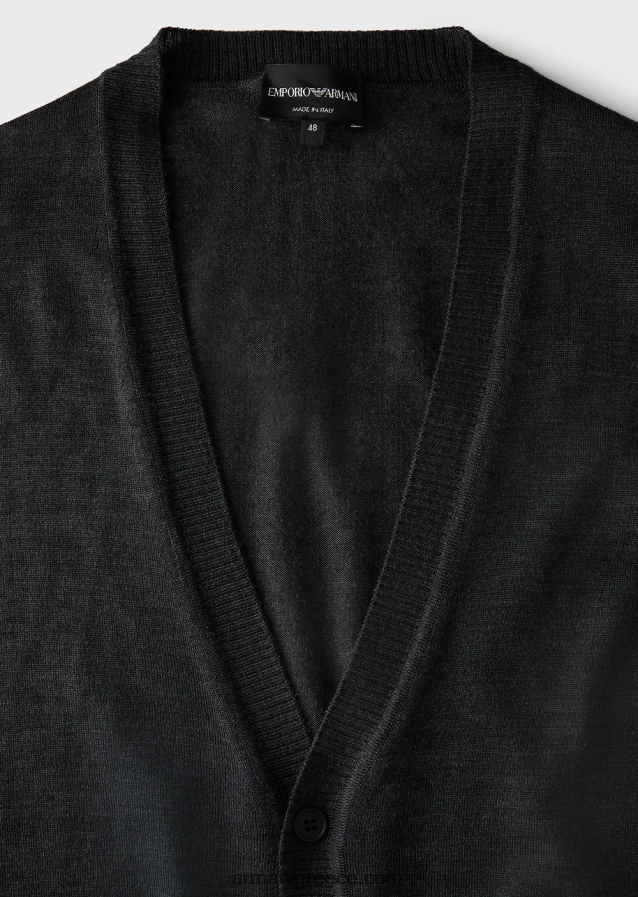 άνδρες Armani Ζακέτα με λαιμόκοψη, παρθένα μάλλινη, απλή πλεκτή 4046R61282 σκούρο γκρίζο
