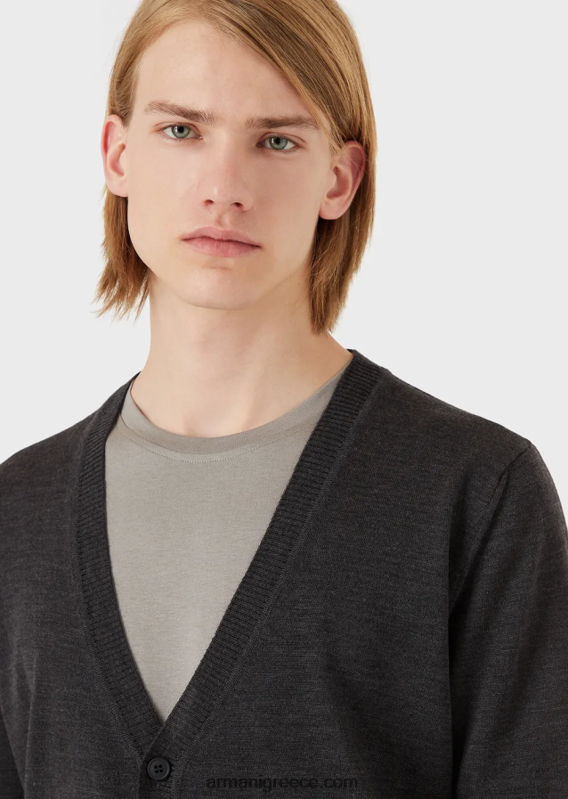 άνδρες Armani Ζακέτα με λαιμόκοψη, παρθένα μάλλινη, απλή πλεκτή 4046R61282 σκούρο γκρίζο