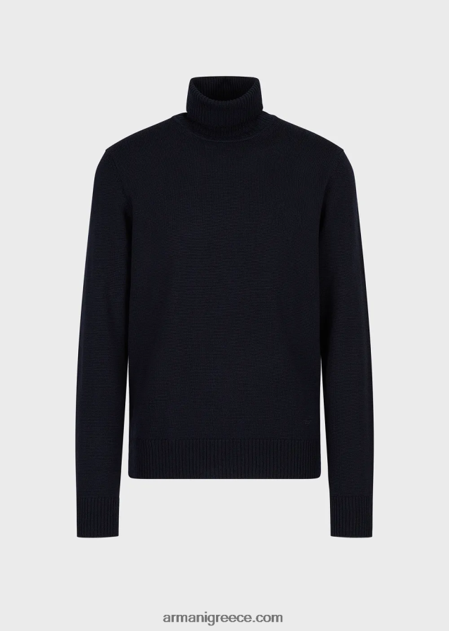 άνδρες Armani παρθένο μάλλινο, κανονικό τζάμπα με λαιμόκοψη 4046R61283 ναυτικό μπλε