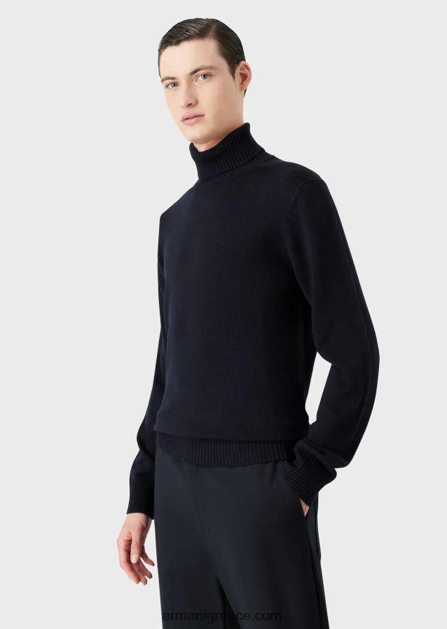 άνδρες Armani παρθένο μάλλινο, κανονικό τζάμπα με λαιμόκοψη 4046R61283 ναυτικό μπλε