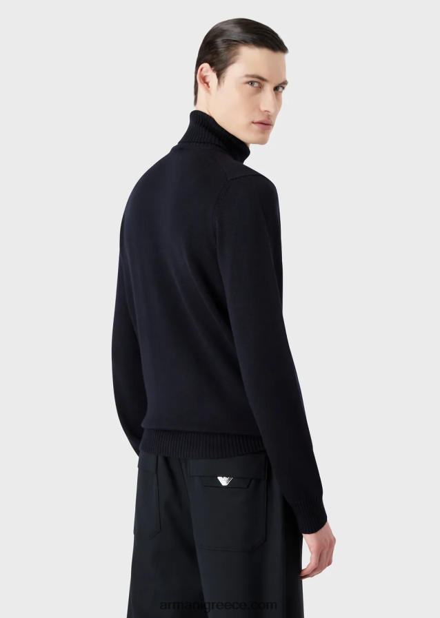 άνδρες Armani παρθένο μάλλινο, κανονικό τζάμπα με λαιμόκοψη 4046R61283 ναυτικό μπλε