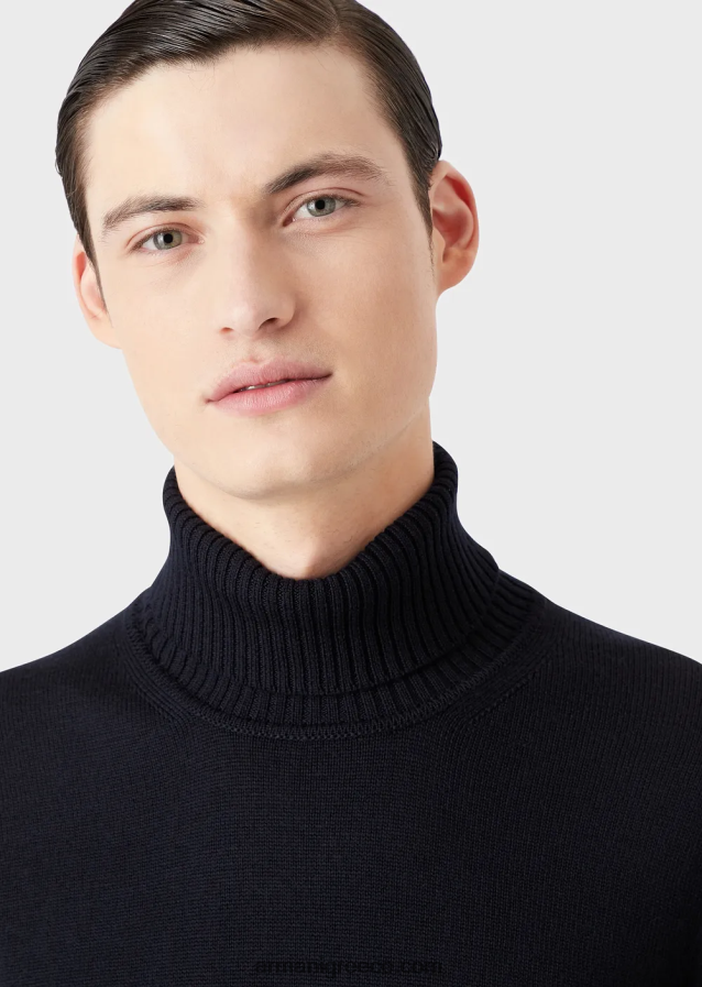 άνδρες Armani παρθένο μάλλινο, κανονικό τζάμπα με λαιμόκοψη 4046R61283 ναυτικό μπλε