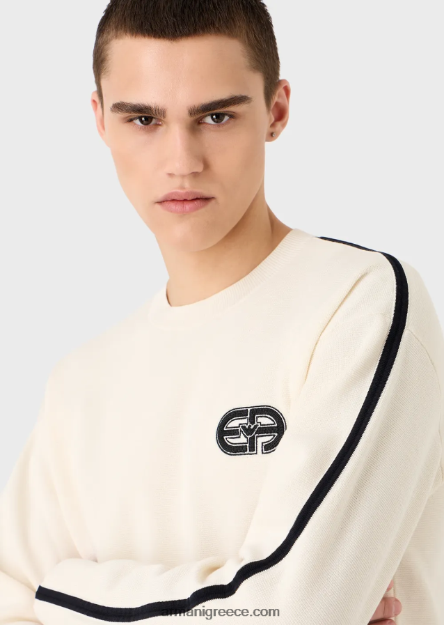 άνδρες Armani Μπάλωμα από ραμμένο ύφασμα με ea patch και ρίγες σε αντίθεση 4046R61224 άσπρο