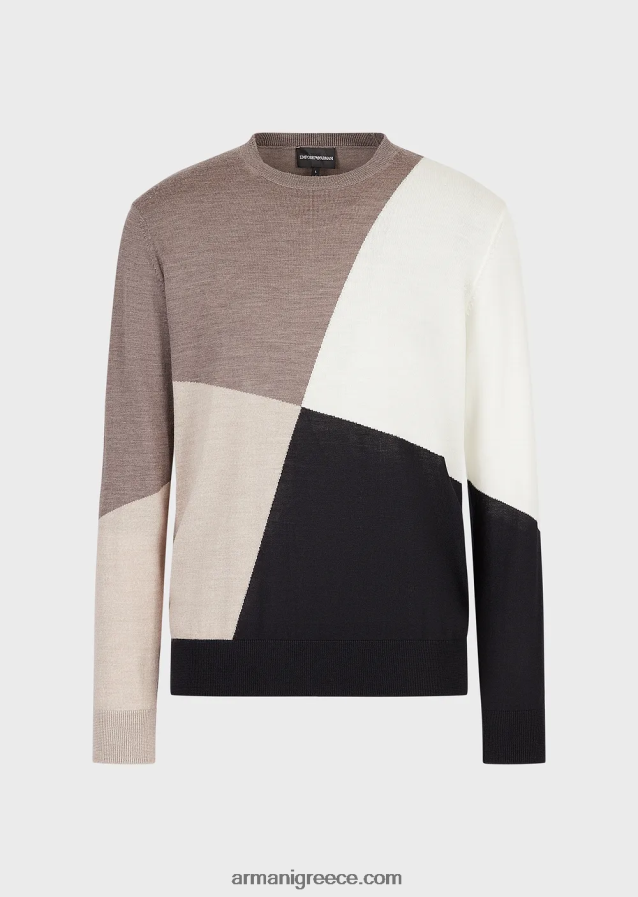 άνδρες Armani Παρθένο μάλλινο μπλουζάκι με αντίθεση intarsia 4046R61227 καφέ