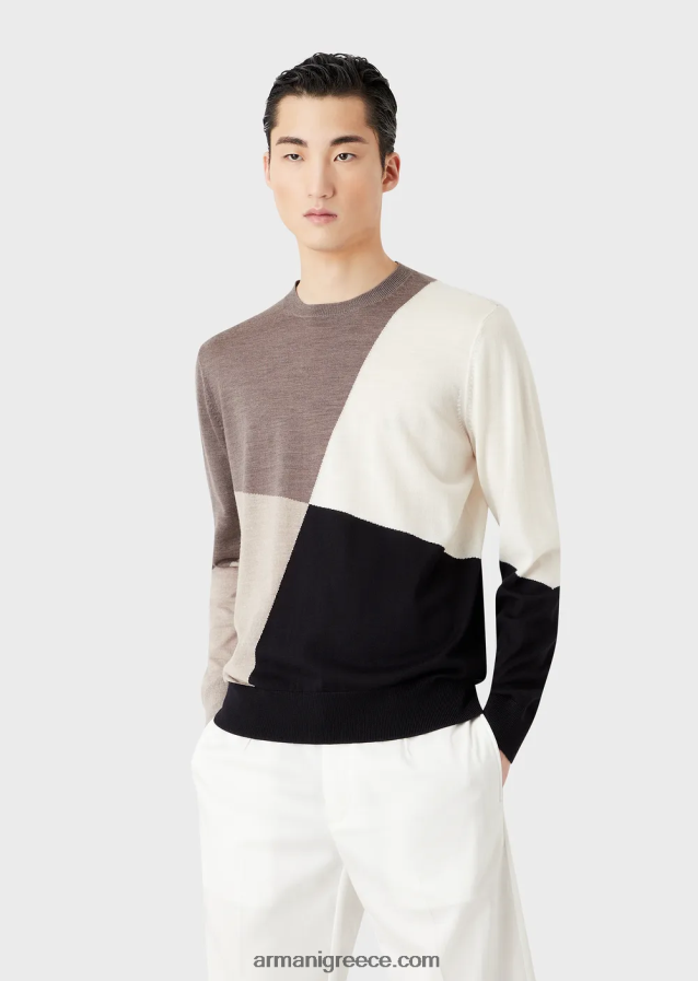 άνδρες Armani Παρθένο μάλλινο μπλουζάκι με αντίθεση intarsia 4046R61227 καφέ
