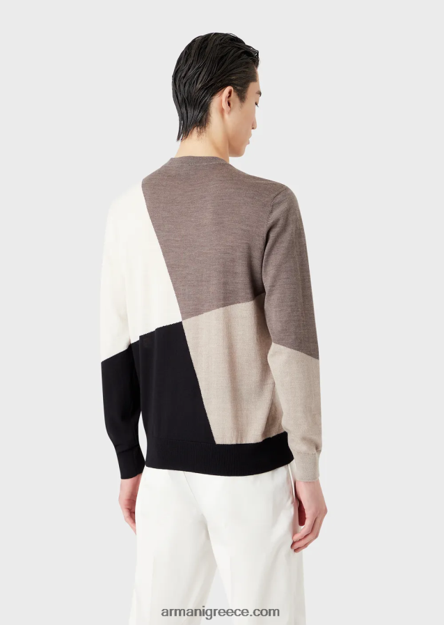 άνδρες Armani Παρθένο μάλλινο μπλουζάκι με αντίθεση intarsia 4046R61227 καφέ