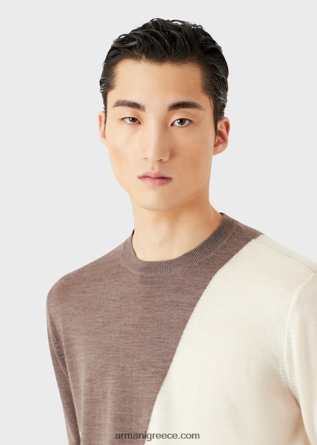άνδρες Armani Παρθένο μάλλινο μπλουζάκι με αντίθεση intarsia 4046R61227 καφέ
