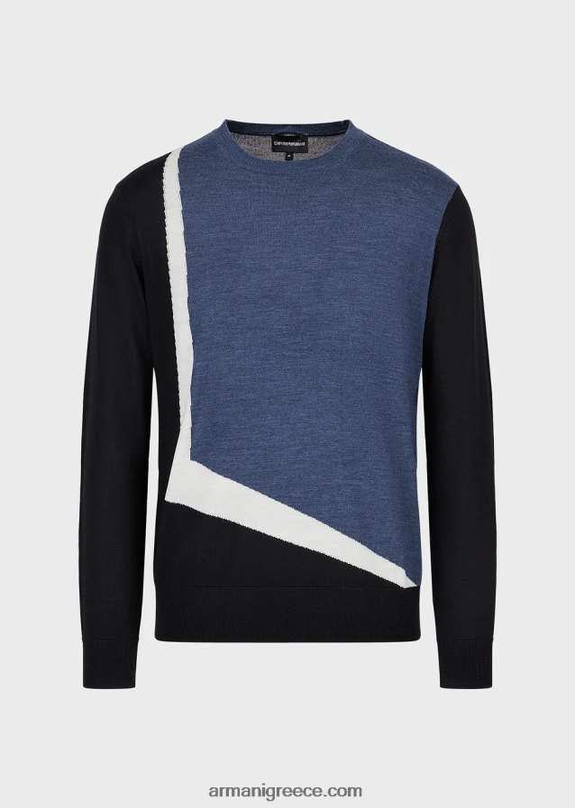 άνδρες Armani Παρθένο μάλλινο μπλουζάκι με αντίθεση intarsia 4046R61228 πρότυπο