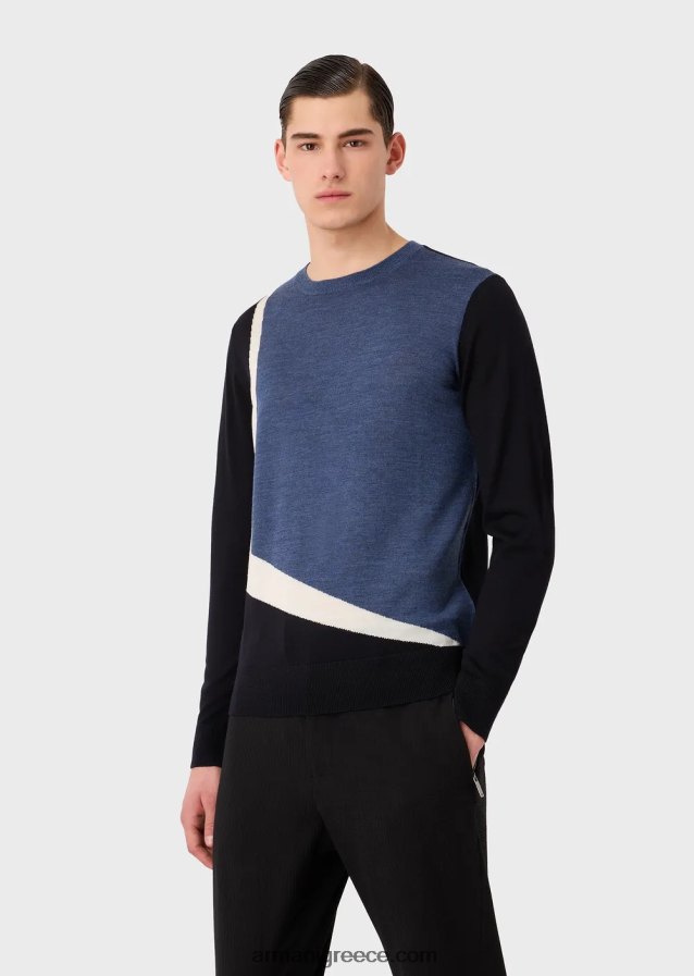 άνδρες Armani Παρθένο μάλλινο μπλουζάκι με αντίθεση intarsia 4046R61228 πρότυπο