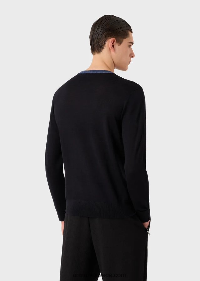 άνδρες Armani Παρθένο μάλλινο μπλουζάκι με αντίθεση intarsia 4046R61228 πρότυπο