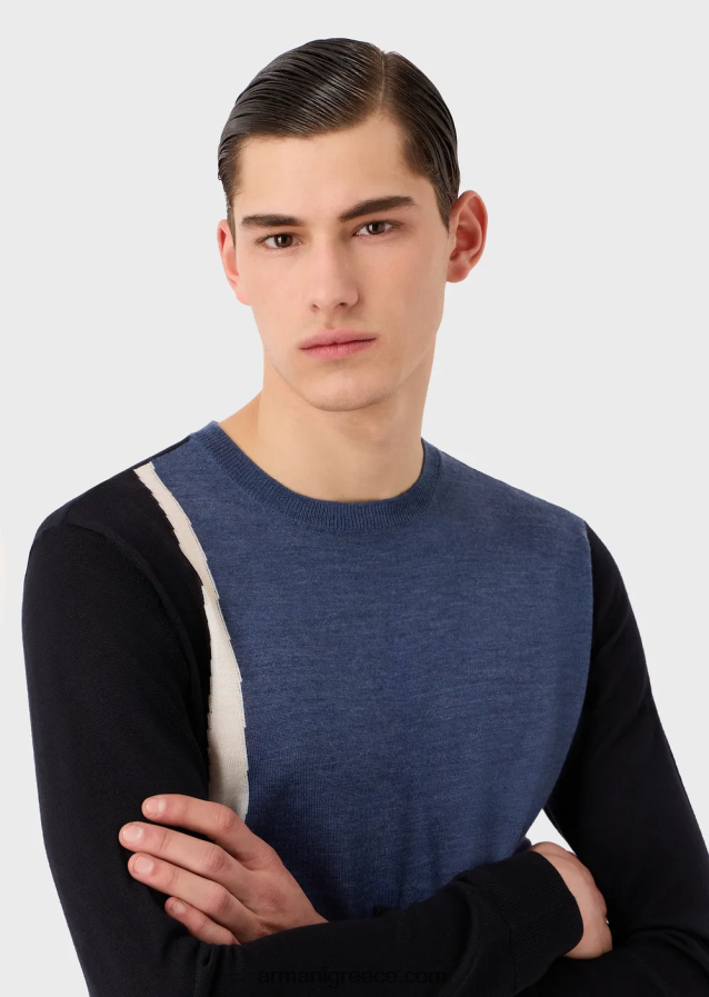άνδρες Armani Παρθένο μάλλινο μπλουζάκι με αντίθεση intarsia 4046R61228 πρότυπο