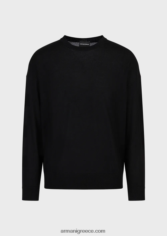 άνδρες Armani Παρθένο μάλλινο μπλουζάκι με μεγάλο λογότυπο intarsia-knit 4046R61231 μαύρος
