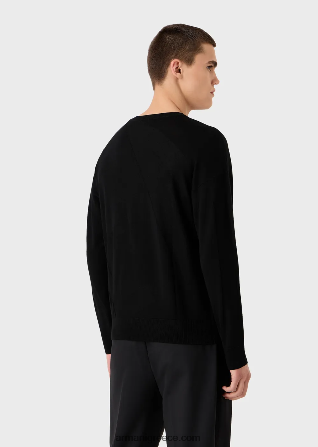 άνδρες Armani Παρθένο μάλλινο μπλουζάκι με μεγάλο λογότυπο intarsia-knit 4046R61231 μαύρος