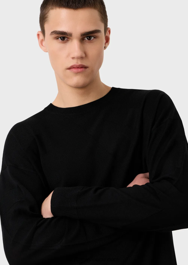 άνδρες Armani Παρθένο μάλλινο μπλουζάκι με μεγάλο λογότυπο intarsia-knit 4046R61231 μαύρος