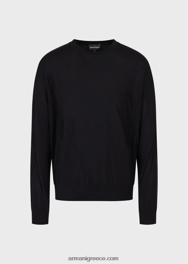 άνδρες Armani Παρθένο μάλλινο μπλουζάκι με μεγάλο λογότυπο intarsia-knit 4046R61232 ναυτικό μπλε