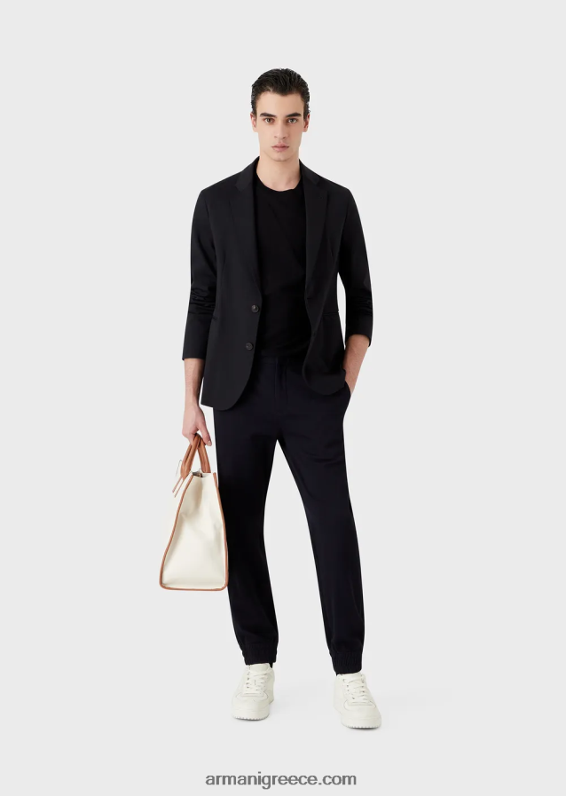 άνδρες Armani Παρθένο μάλλινο μπλουζάκι με μεγάλο λογότυπο intarsia-knit 4046R61232 ναυτικό μπλε