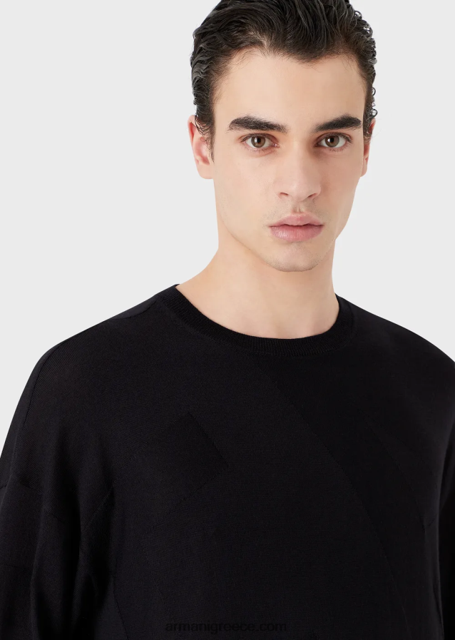 άνδρες Armani Παρθένο μάλλινο μπλουζάκι με μεγάλο λογότυπο intarsia-knit 4046R61232 ναυτικό μπλε