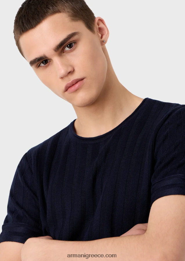 άνδρες Armani βραχυκυκλωτήρας από μαλλί με ραβδώσεις και βελονιές και lyocell 4046R61251 ναυτικό μπλε