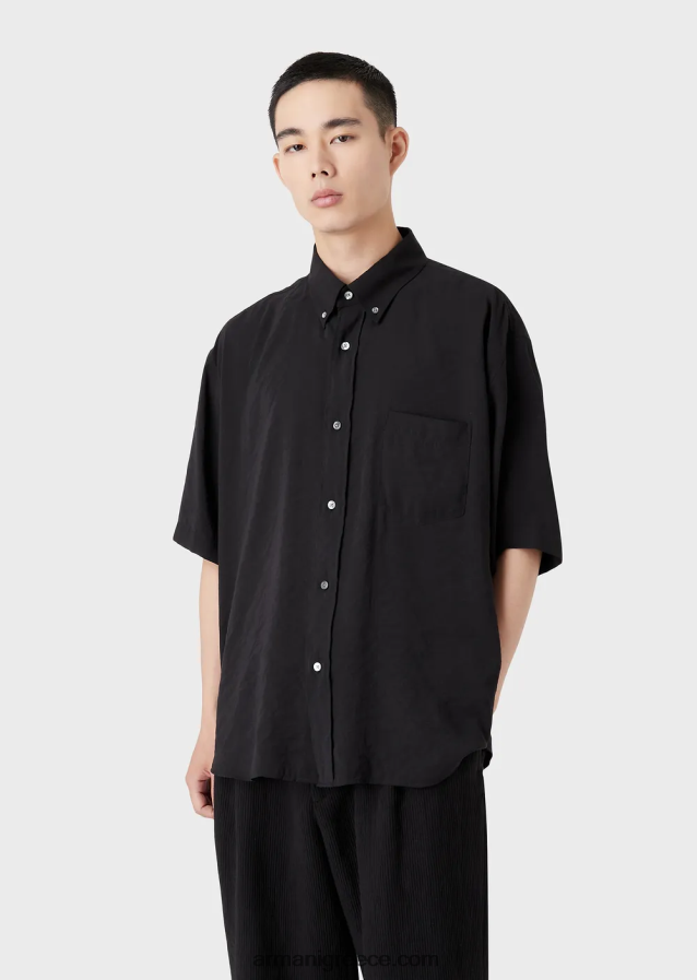 άνδρες Armani κοντομάνικο πουκάμισο με κουμπιά σε ροδακινί δέρμα 4046R61060 μαύρος