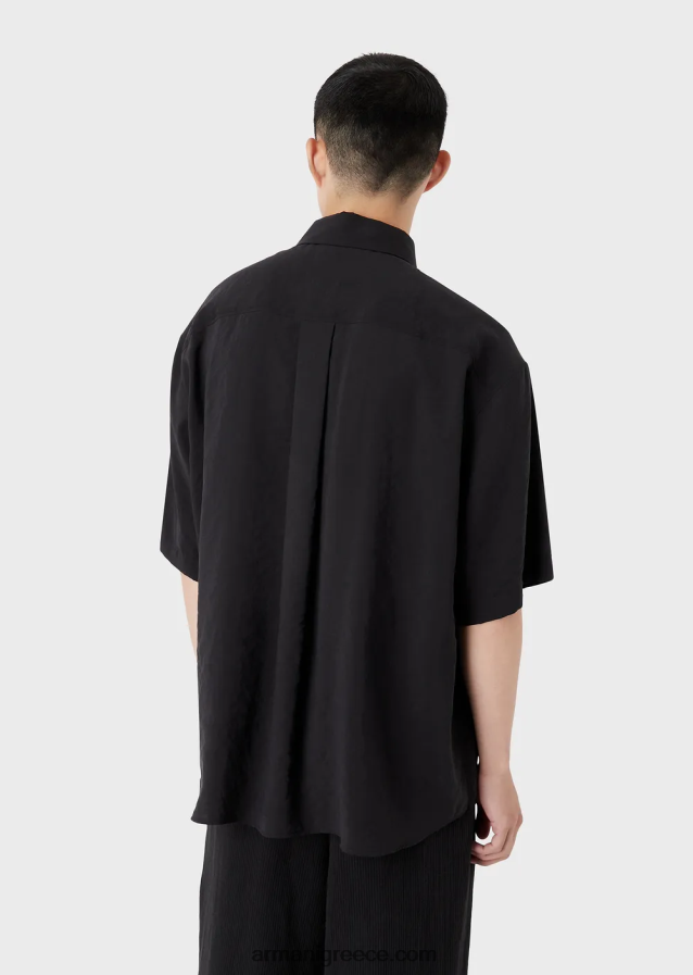 άνδρες Armani κοντομάνικο πουκάμισο με κουμπιά σε ροδακινί δέρμα 4046R61060 μαύρος