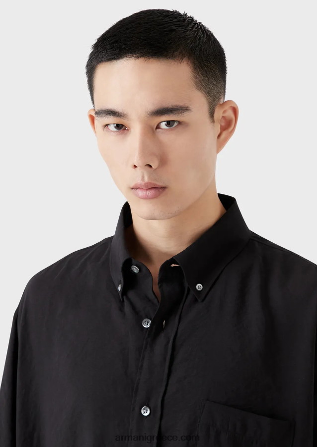 άνδρες Armani κοντομάνικο πουκάμισο με κουμπιά σε ροδακινί δέρμα 4046R61060 μαύρος