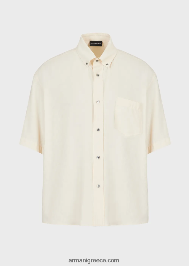 άνδρες Armani κοντομάνικο πουκάμισο με κουμπιά σε ροδακινί δέρμα 4046R61061 άσπρο