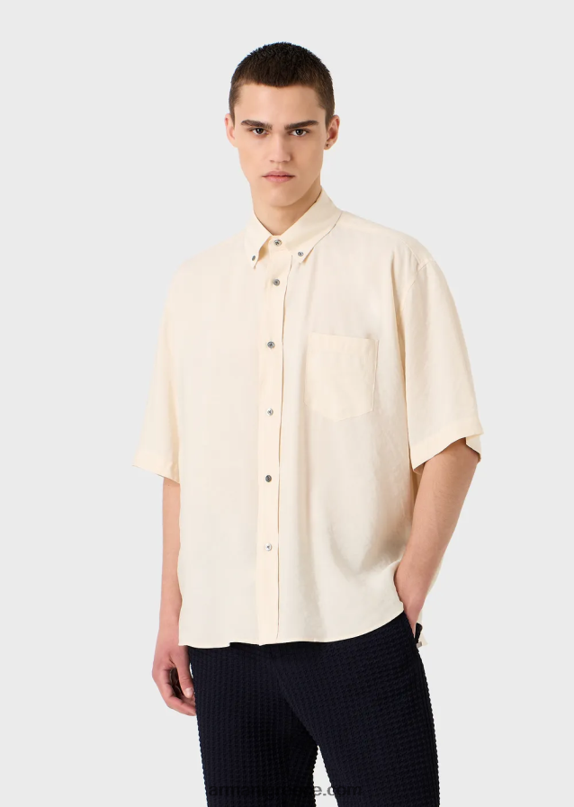 άνδρες Armani κοντομάνικο πουκάμισο με κουμπιά σε ροδακινί δέρμα 4046R61061 άσπρο