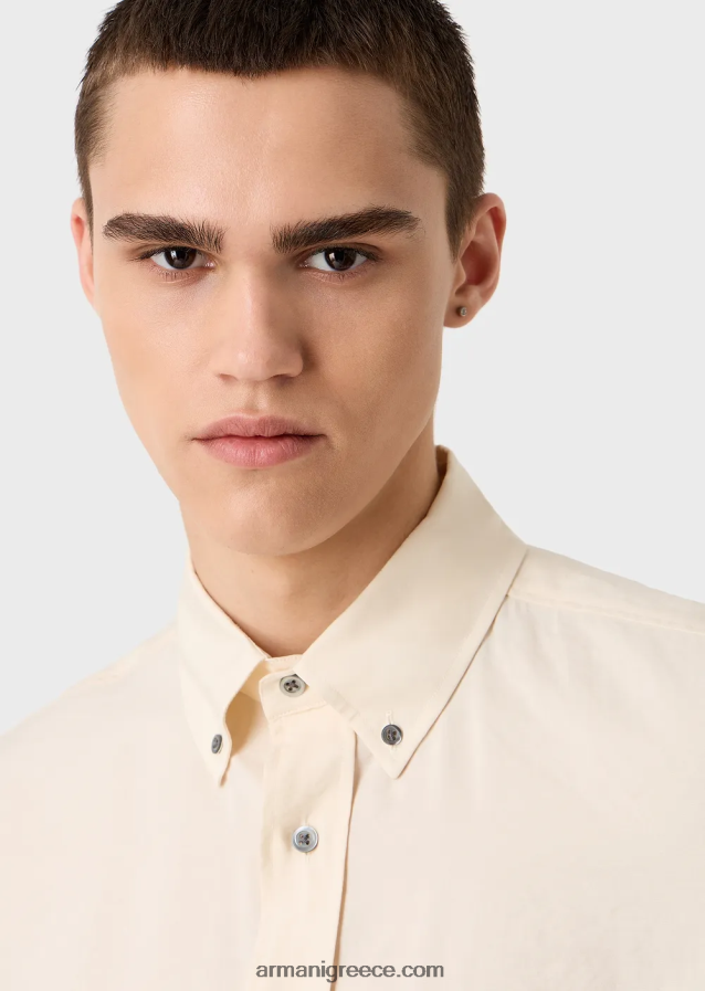άνδρες Armani κοντομάνικο πουκάμισο με κουμπιά σε ροδακινί δέρμα 4046R61061 άσπρο