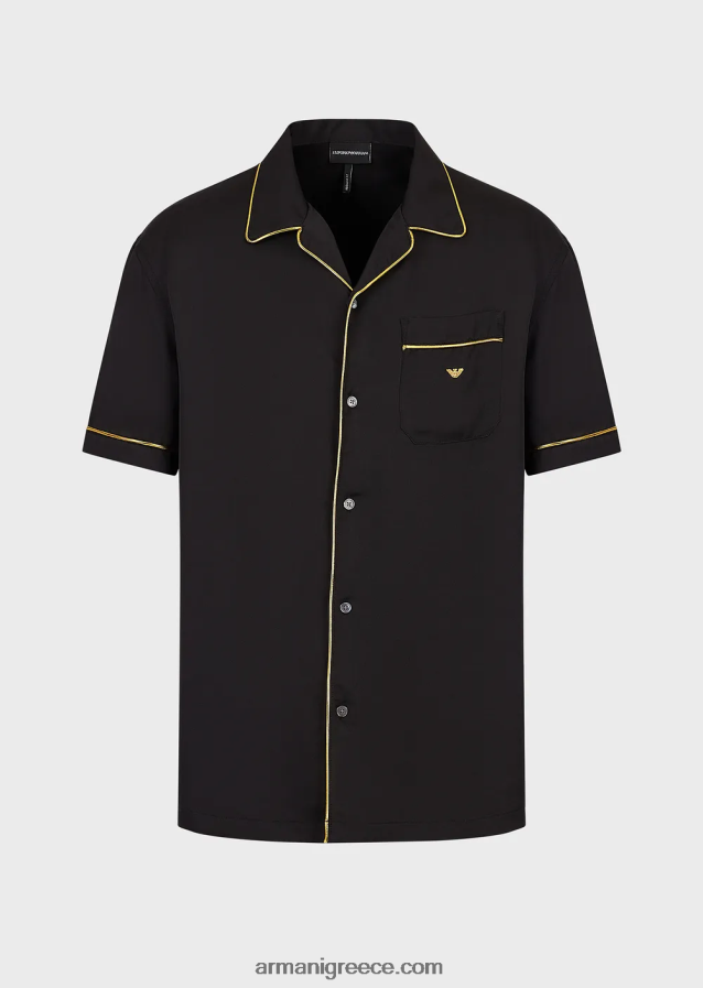 άνδρες Armani Πουκάμισο βισκόζ με ρεβέρ και χρυσές λεπτομέρειες 4046R61063 μαύρος