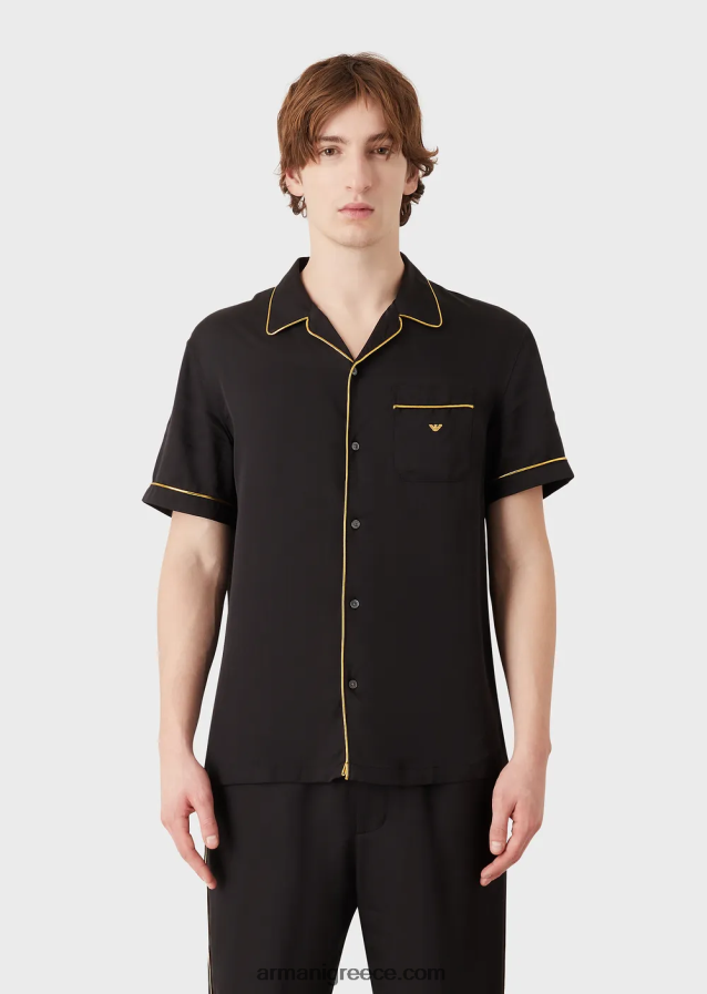 άνδρες Armani Πουκάμισο βισκόζ με ρεβέρ και χρυσές λεπτομέρειες 4046R61063 μαύρος