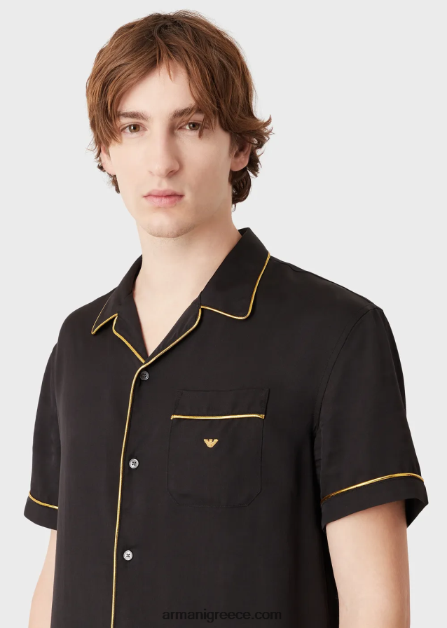 άνδρες Armani Πουκάμισο βισκόζ με ρεβέρ και χρυσές λεπτομέρειες 4046R61063 μαύρος