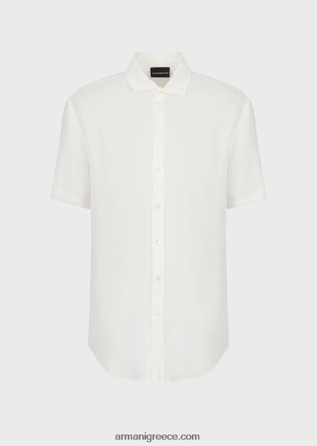 άνδρες Armani Λινό κοντομάνικο πουκάμισο βαμμένο με γαλλικό γιακά 4046R61064 άσπρο