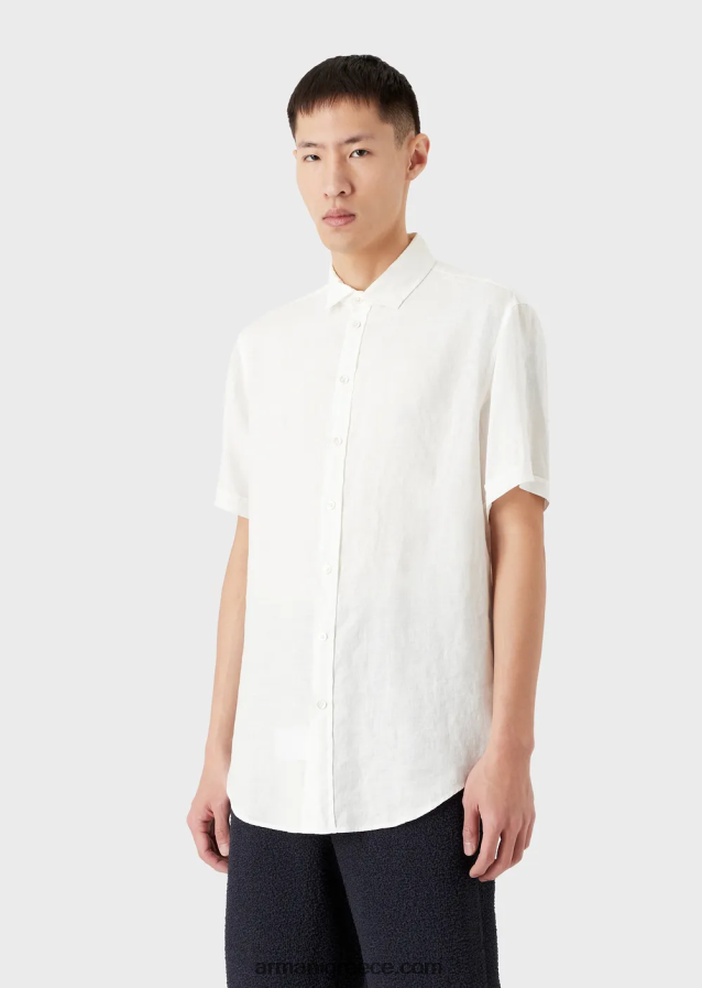 άνδρες Armani Λινό κοντομάνικο πουκάμισο βαμμένο με γαλλικό γιακά 4046R61064 άσπρο