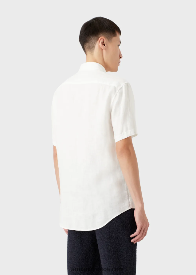 άνδρες Armani Λινό κοντομάνικο πουκάμισο βαμμένο με γαλλικό γιακά 4046R61064 άσπρο