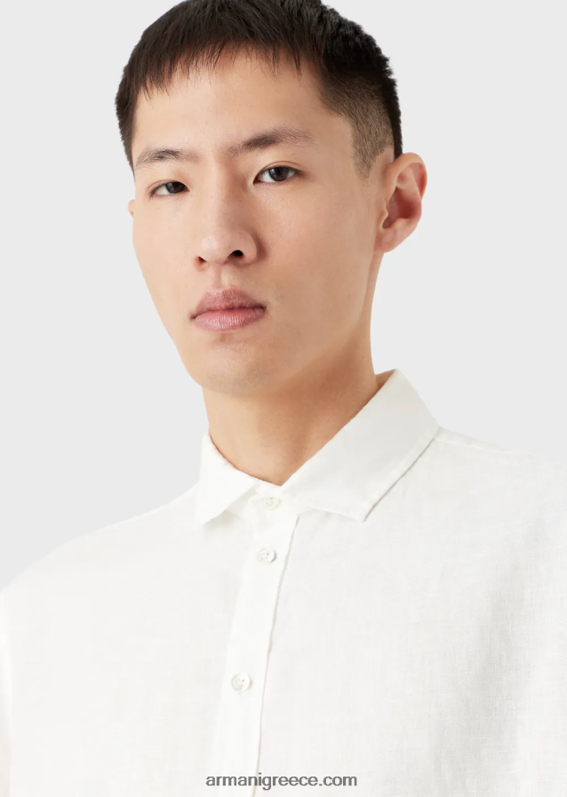 άνδρες Armani Λινό κοντομάνικο πουκάμισο βαμμένο με γαλλικό γιακά 4046R61064 άσπρο