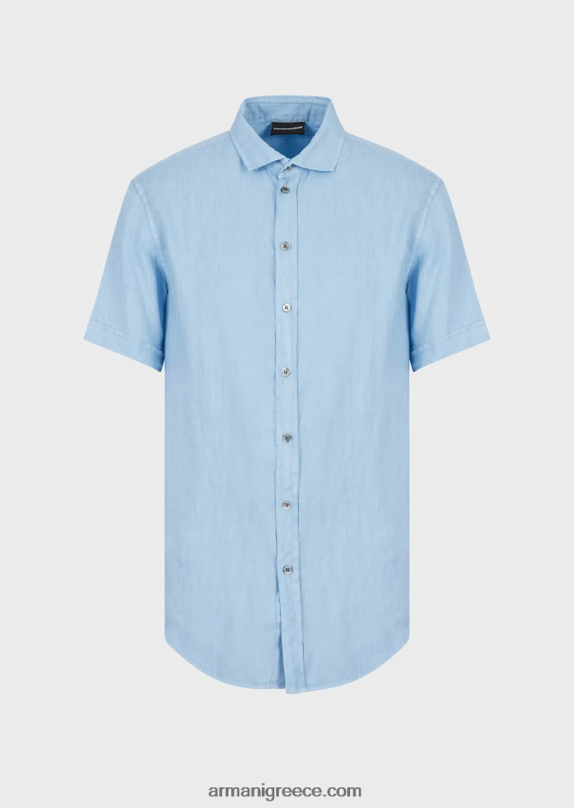 άνδρες Armani Λινό κοντομάνικο πουκάμισο βαμμένο με γαλλικό γιακά 4046R61065 γαλανός