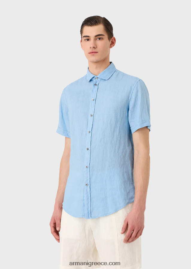 άνδρες Armani Λινό κοντομάνικο πουκάμισο βαμμένο με γαλλικό γιακά 4046R61065 γαλανός
