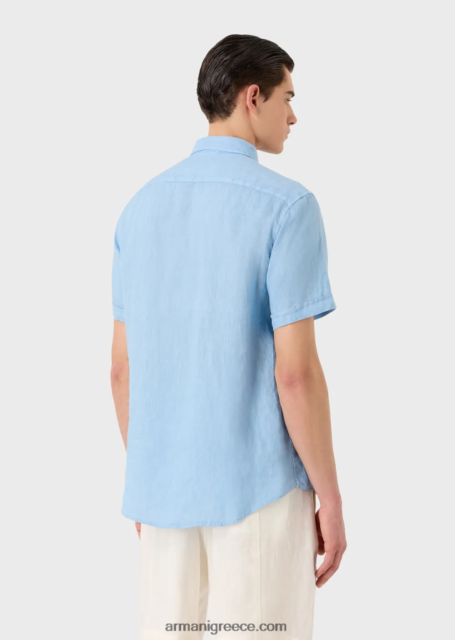 άνδρες Armani Λινό κοντομάνικο πουκάμισο βαμμένο με γαλλικό γιακά 4046R61065 γαλανός