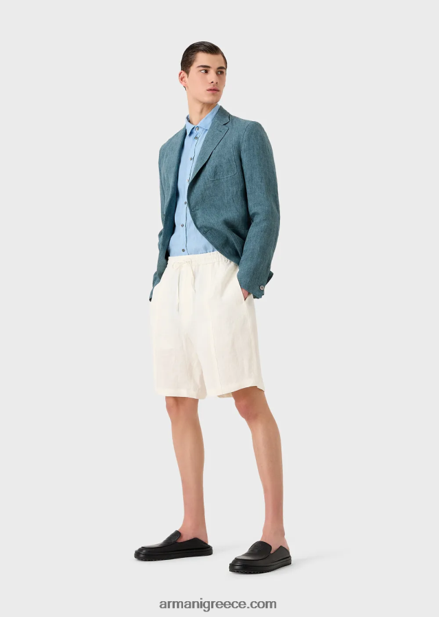 άνδρες Armani Λινό κοντομάνικο πουκάμισο βαμμένο με γαλλικό γιακά 4046R61065 γαλανός