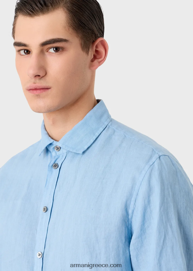 άνδρες Armani Λινό κοντομάνικο πουκάμισο βαμμένο με γαλλικό γιακά 4046R61065 γαλανός