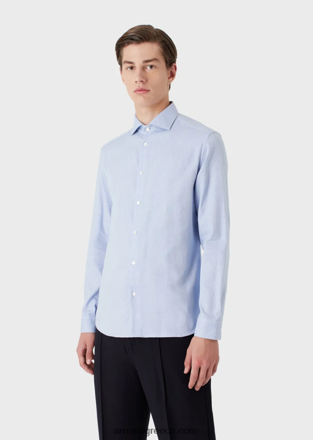 άνδρες Armani βαμβακερό πουκάμισο με μικρο σχέδιο 4046R61066 γαλανός