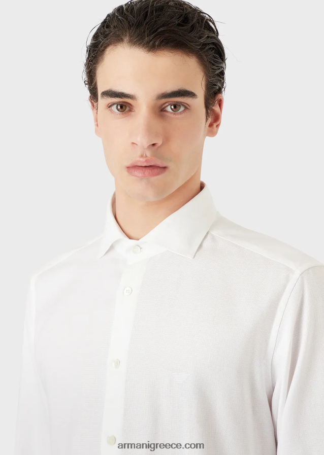άνδρες Armani βαμβακερό πουκάμισο με μικρο σχέδιο 4046R61067 άσπρο