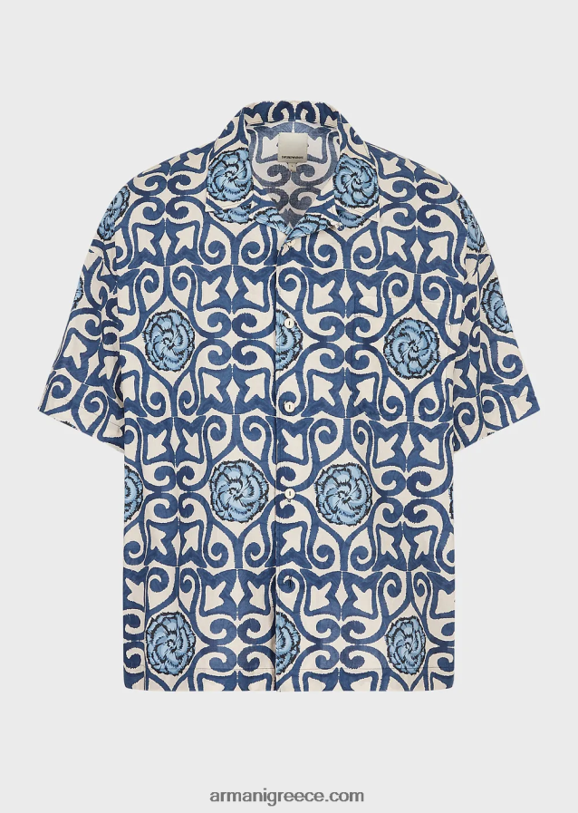 άνδρες Armani βιώσιμη συλλογή οργανικό-μουσελίνα κοντομάνικο πουκάμισο με στάμπα παντού 4046R61076 πρότυπο