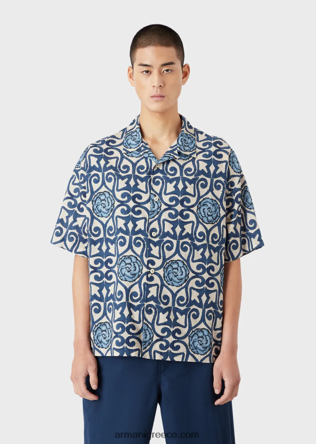 άνδρες Armani βιώσιμη συλλογή οργανικό-μουσελίνα κοντομάνικο πουκάμισο με στάμπα παντού 4046R61076 πρότυπο